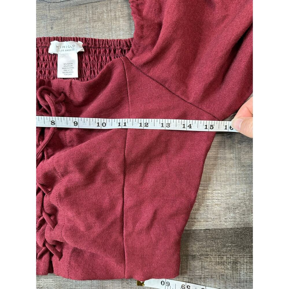 Kirious LA Burgundy Ribbed Lace-Up Crop Top Smocked Peasant Blouse Large - Picture 15 of 16